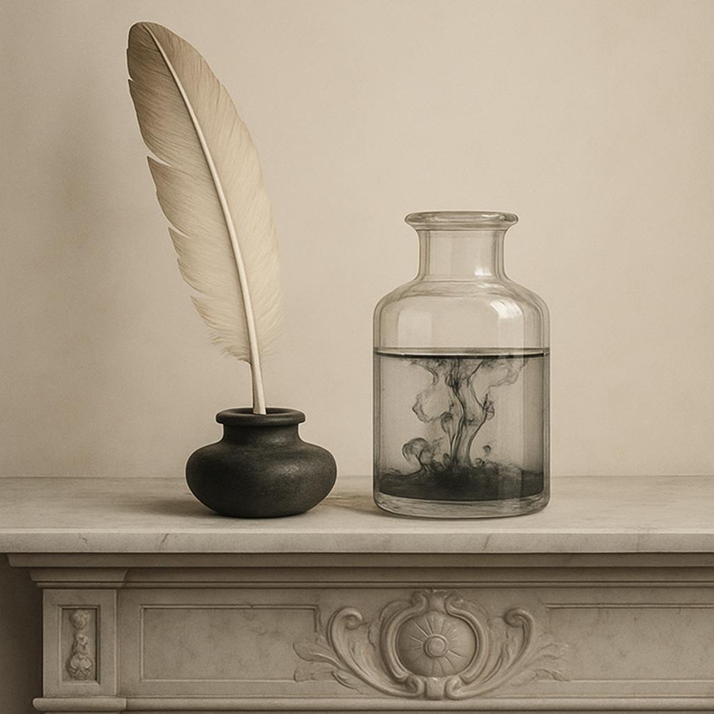 A feather pen rests in an inkwell, while an uninspiringly ethereal glass bottle with soft-filled, wispy dark-centers run t...