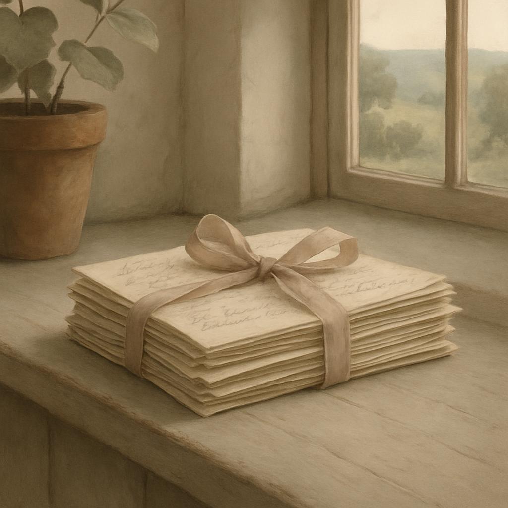 A stack of sheets of handwritten paper, tied with ribbon and resting on windowsill looking out over hills.
