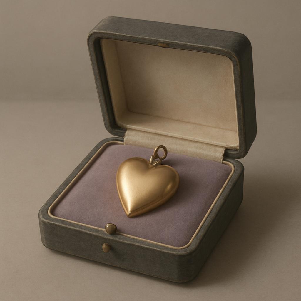 An open jewelry box with velvet contents and a gold heart attached to the velvet with a loop. A gold heart ornament is sho...