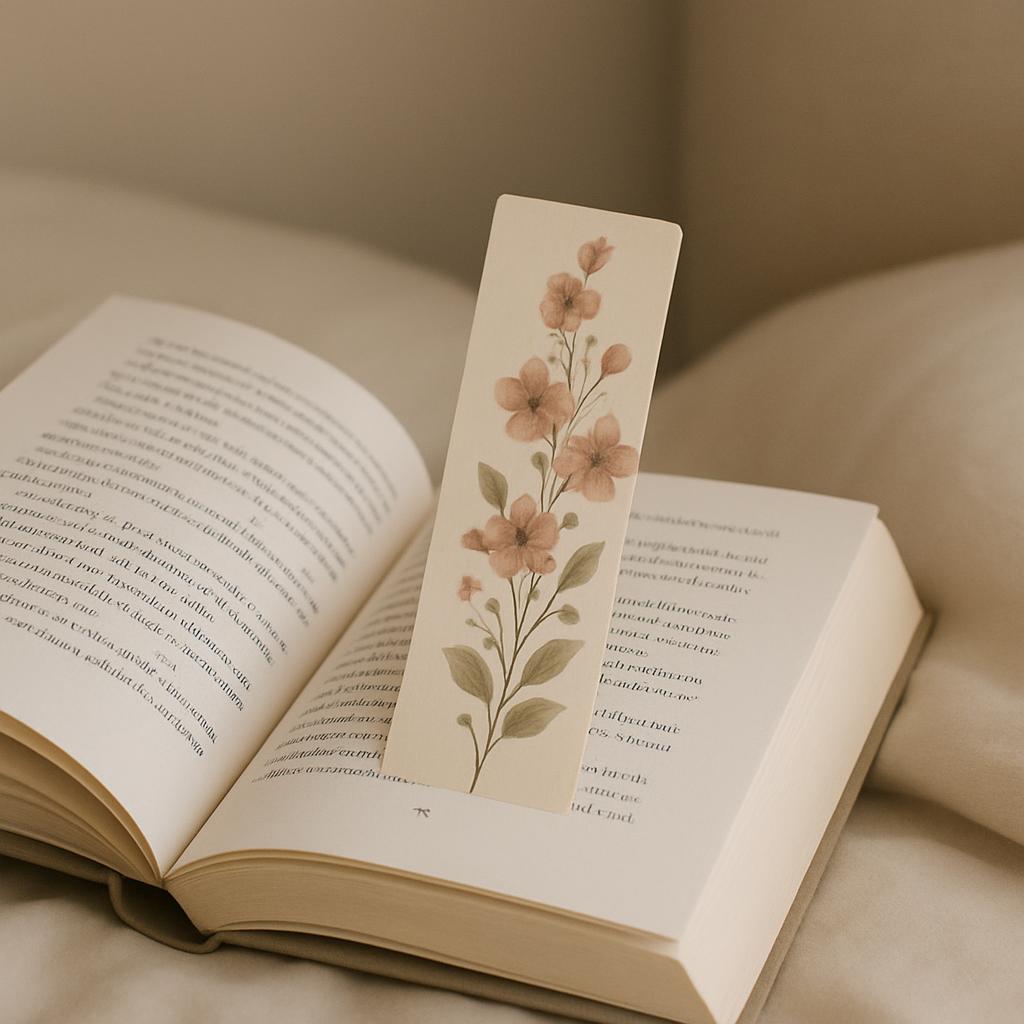 Book bookmark with floral design propped on open book.